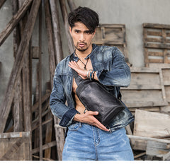 Black Cool Leather Mens Sling Bag Chest Bag Black One Shoulder Backpack Sling Pack for Men - iwalletsmen