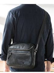 Casual Black Leather Mens 10 inches Postman Bag Black Courier Bag Messenger Bags Side Bag for Men - iwalletsmen