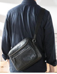 Casual Black Leather Mens 10 inches Postman Bag Black Courier Bag Messenger Bags Side Bag for Men - iwalletsmen