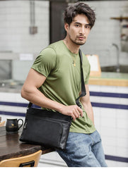 Black Casual Leather Mens 10 inches Side Bag Postman Bag Black Messenger Bag Courier Bag for Men - iwalletsmen