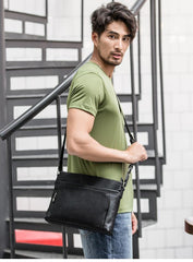 Black Casual Leather Mens 10 inches Side Bag Postman Bag Black Messenger Bag Courier Bag for Men - iwalletsmen