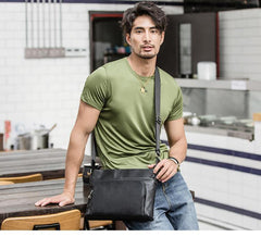 Black Casual Leather Mens 10 inches Side Bag Postman Bag Black Messenger Bag Courier Bag for Men - iwalletsmen