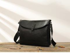 Black Casual Leather Mens 10 inches Side Bag Postman Bag Black Messenger Bags Courier Bag for Men - iwalletsmen