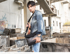 Black Casual Leather Mens 10 inches Side Bag Postman Bag Black Messenger Bags Courier Bag for Men - iwalletsmen