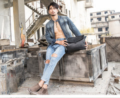 Black Casual Leather Mens 10 inches Side Bag Postman Bag Black Messenger Bags Courier Bag for Men - iwalletsmen