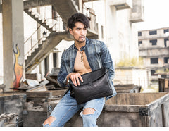 Black Casual Leather Mens 10 inches Side Bag Postman Bag Black Messenger Bags Courier Bag for Men - iwalletsmen