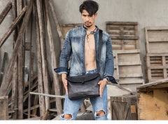 Black Casual Leather Mens 10 inches Side Bag Postman Bag Black Messenger Bags Courier Bag for Men - iwalletsmen