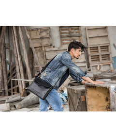 Black Casual Leather Mens 10 inches Side Bag Postman Bag Black Messenger Bags Courier Bag for Men - iwalletsmen