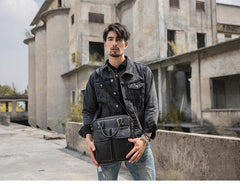 Black Casual Leather Mens 10 inches Vertical Briefcase Side Bags Postman Bag Black Work Bag Courier Bag for Men - iwalletsmen