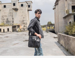 Black Casual Leather Mens 10 inches Vertical Briefcase Side Bags Postman Bag Black Work Bag Courier Bag for Men - iwalletsmen