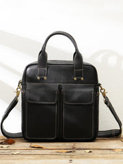 Black Casual Leather Mens 10 inches Vertical Briefcase Side Bags Postman Bag Black Work Bag Courier Bag for Men - iwalletsmen