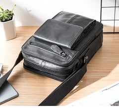 Black Casual Leather Mens Vertical Side Bag Black Messenger Bags Postman Bag Courier Bag for Men - iwalletsmen