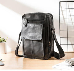 Black Casual Leather Mens Vertical Side Bag Black Messenger Bags Postman Bag Courier Bag for Men - iwalletsmen