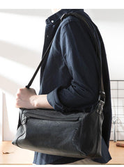 Casual Black Leather Mens 11 inches Side Bag Postman Bag Black Messenger Bags for Men - iwalletsmen