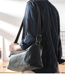 Casual Black Leather Mens 11 inches Side Bag Postman Bag Black Messenger Bags for Men - iwalletsmen