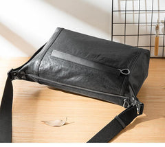 Casual Black Leather Mens 11 inches Side Bag Postman Bag Black Messenger Bags for Men - iwalletsmen