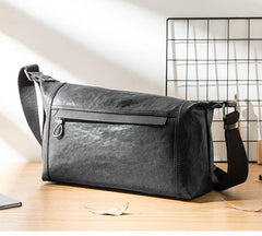 Casual Black Leather Mens 11 inches Side Bag Postman Bag Black Messenger Bags for Men - iwalletsmen