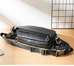 Black Casual Leather Mens 8inches Sling Bag Chest Bag Black One Shoulder Backpack for Men - iwalletsmen