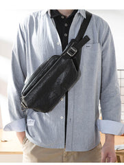 Black Casual Leather Mens 8inches Sling Bag Chest Bag Black One Shoulder Backpack for Men - iwalletsmen