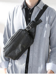 Black Casual Leather Mens 8inches Sling Bag Chest Bag Black One Shoulder Backpack for Men - iwalletsmen