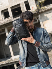 Black Casual Leather Mens 8 inches Sling Bag Chest Bag Black One Shoulder Backpack Phone Bag for Men - iwalletsmen