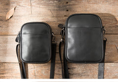 Black Leather Mens 8 inches Small Vertical Side Bag Black Messenger Bags Postman Bag Courier Bag for Men - iwalletsmen