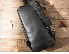 Black Leather Mens Large Sling Bag Chest Bag Sling Pack Black One Shoulder Backpack for Men - iwalletsmen