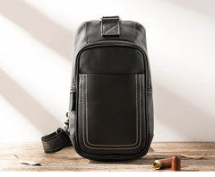 Black Leather Mens Large Sling Bag Chest Bag Sling Pack Black One Shoulder Backpack for Men - iwalletsmen