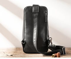 Black Leather Mens Large Sling Bag Chest Bag Sling Pack Black One Shoulder Backpack for Men - iwalletsmen