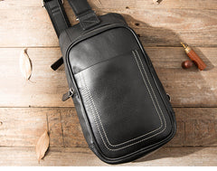 Black Leather Mens Large Sling Bag Chest Bag Sling Pack Black One Shoulder Backpack for Men - iwalletsmen