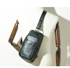 Black Leather Mens Large Sling Bag Chest Bag Sling Pack Black One Shoulder Backpack for Men - iwalletsmen