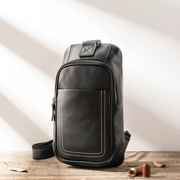 Black Leather Mens Large Sling Bag Chest Bag Sling Pack Black One Shoulder Backpack for Men - iwalletsmen