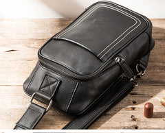 Black Leather Mens Large Sling Bag Chest Bag Sling Pack Black One Shoulder Backpack for Men - iwalletsmen