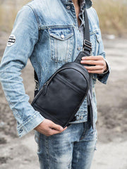 Black Casual Leather Mens Sling Bag Chest Bags Black One Shoulder Backpack Sling Pack for Men - iwalletsmen