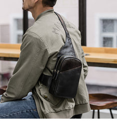 Casual Black Leather Mens Sling Bag Chest Bag Black Sling Shoulder Bag One Shoulder Backpack for Men - iwalletsmen