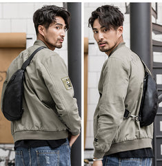 Black Cool Leather Mens Sling Bag Chest Bag Black Sling Pack One Shoulder Backpack for Men - iwalletsmen