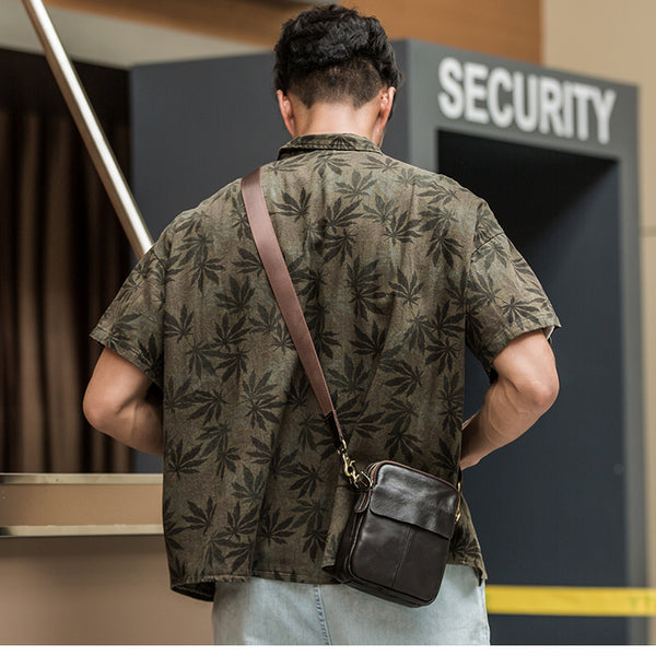 Black Casual Leather Mens Vertical Mini Side Bag Small Messenger Bags Belt Bag for Men - iwalletsmen