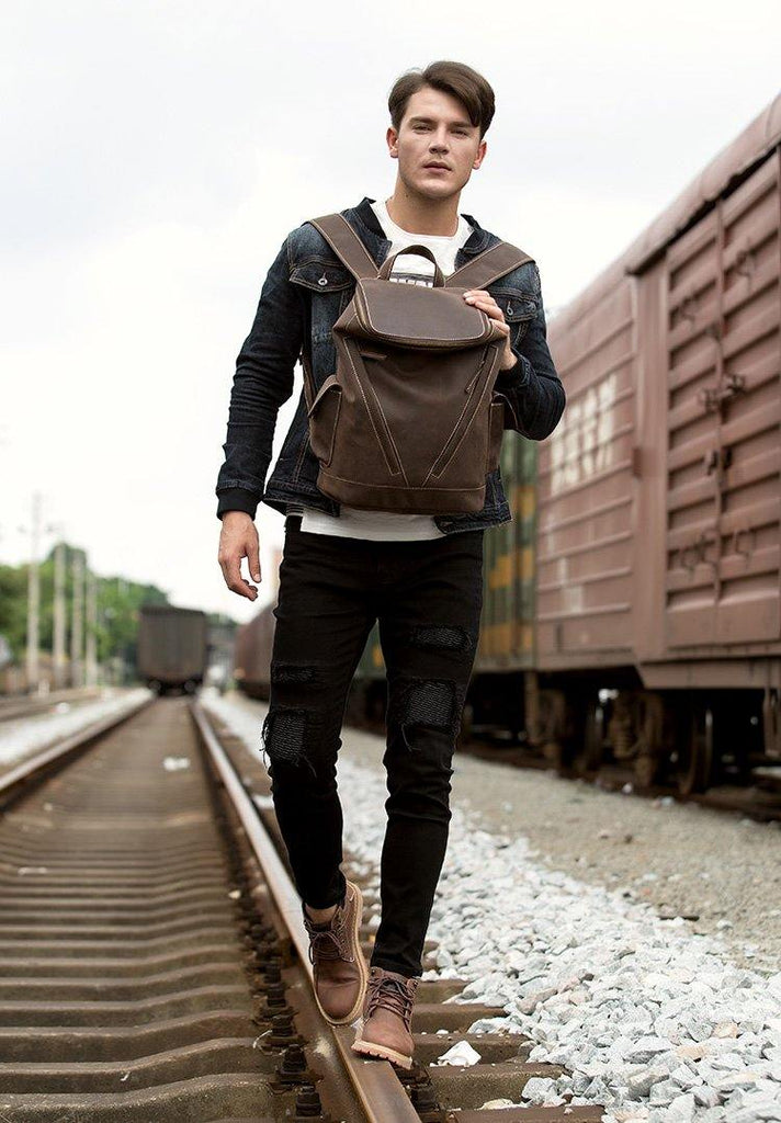Casual Black Mens Leather 14 inch Large Computer Backpacks Brown