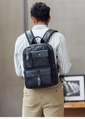 Casual Black Mens Leather School Backpacks Travel Backpacks 14-inch Laptop Backpack for men - iwalletsmen