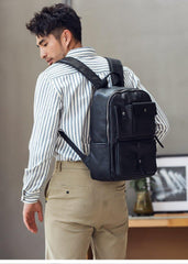 Casual Black Mens Leather School Backpacks Travel Backpacks 14-inch Laptop Backpack for men - iwalletsmen