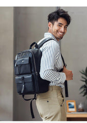 Casual Black Mens Leather School Backpacks Travel Backpacks 14-inch Laptop Backpack for men - iwalletsmen