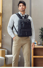 Casual Black Mens Leather School Backpacks Travel Backpacks 14-inch Laptop Backpack for men - iwalletsmen