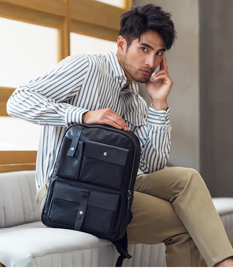 Casual Black Mens Leather School Backpacks Travel Backpacks 14 inch La iwalletsmen