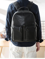 Black Fashion Mens Leather 15-inch Computer Backpacks Black Travel Backpacks College Backpack for men - iwalletsmen