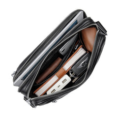 Black Cool Leather 10 inches Large Zipper Messenger Bag Handbag Shoulder Bag For Men - iwalletsmen