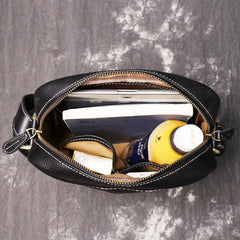 Black Cool Leather 10 inches Small Zipper Messenger Bag Vertical Shoulder Bag Dark Brown Side Bag For Men - iwalletsmen