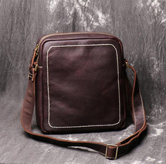 Black Cool Leather 10 inches Small Zipper Messenger Bag Vertical Shoulder Bag Dark Brown Side Bag For Men - iwalletsmen