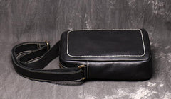 Black Cool Leather 10 inches Small Zipper Messenger Bag Vertical Shoulder Bag Dark Brown Side Bag For Men - iwalletsmen