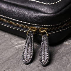 Black Cool Leather 10 inches Small Zipper Messenger Bag Vertical Shoulder Bag Dark Brown Side Bag For Men - iwalletsmen