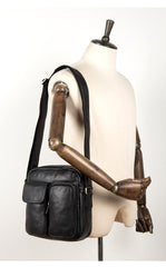Cool Black Leather Small Courier Bags Brown Vertical Messenger Bag Postman Bag for Men - iwalletsmen